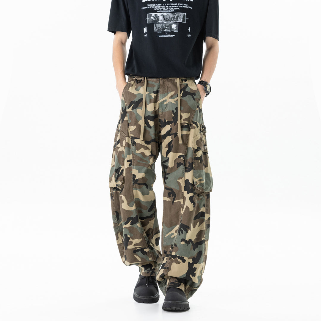 Herren Weite Cargohose im Camouflage-Military-Look mit elastischem Tunnelzugbund und Multifunktionstaschen Drune
