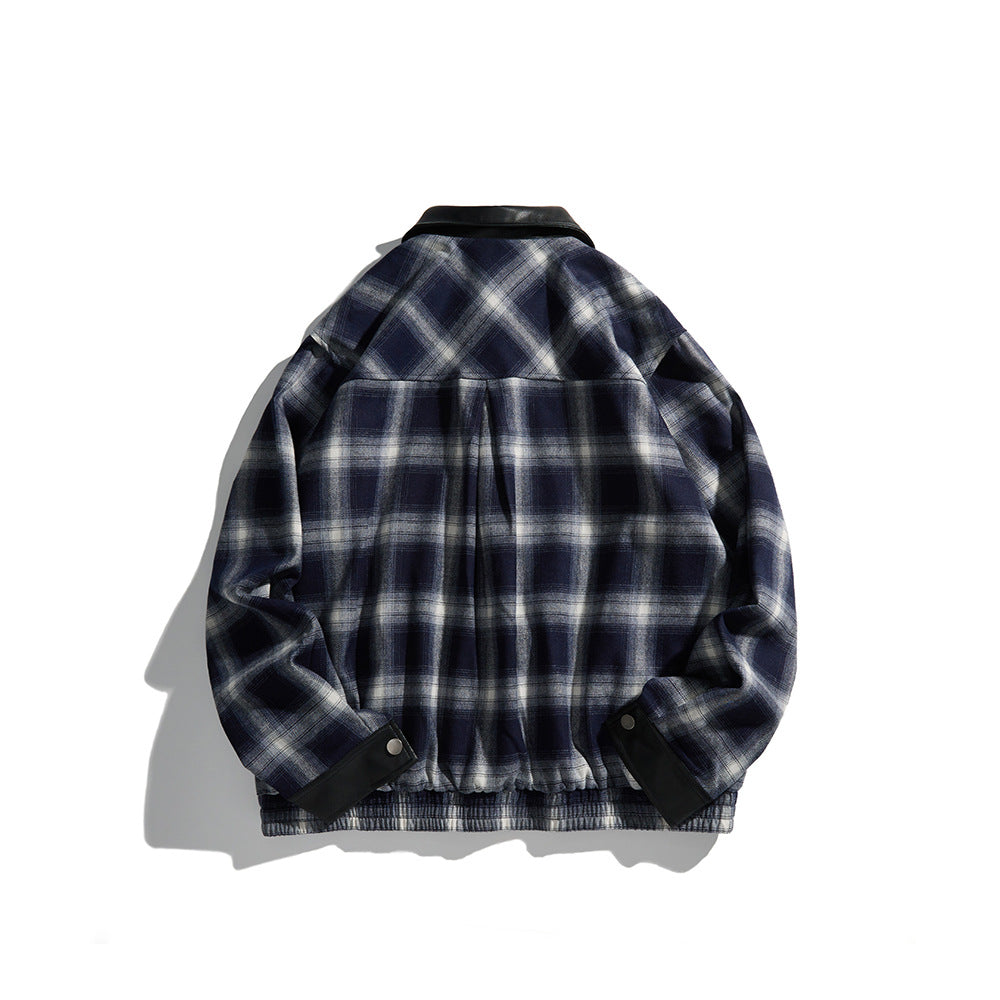 Herren Karierte Overshirt‑Jacke aus Flanell mit Kunstleder‑Details und Druckknopfleiste Drune