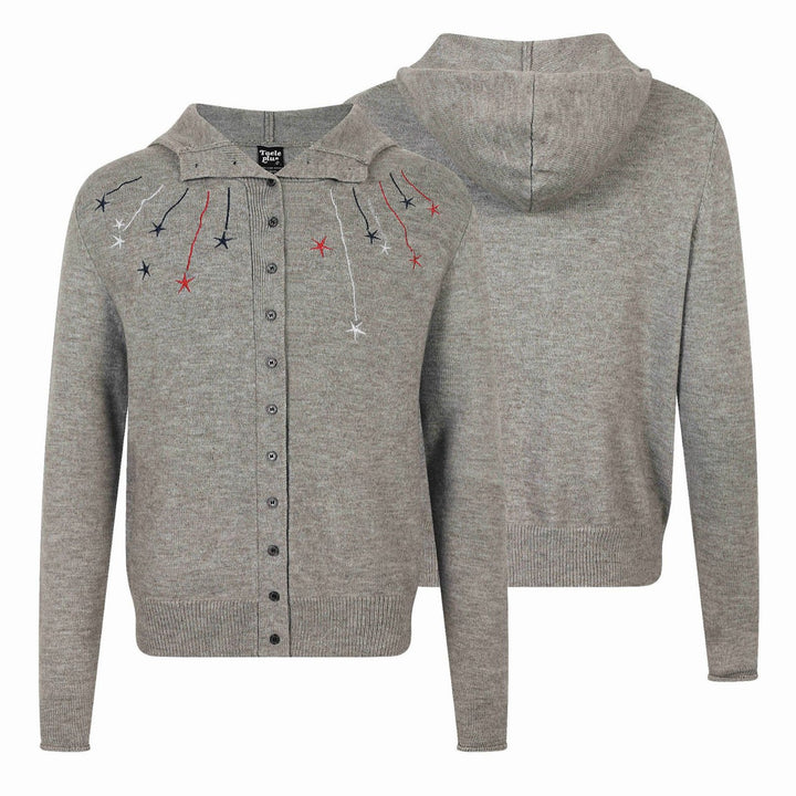 Damen Feinstrick-Cardigan mit Stehkragen, Sternstickerei und durchgehender Knopfleiste Drune