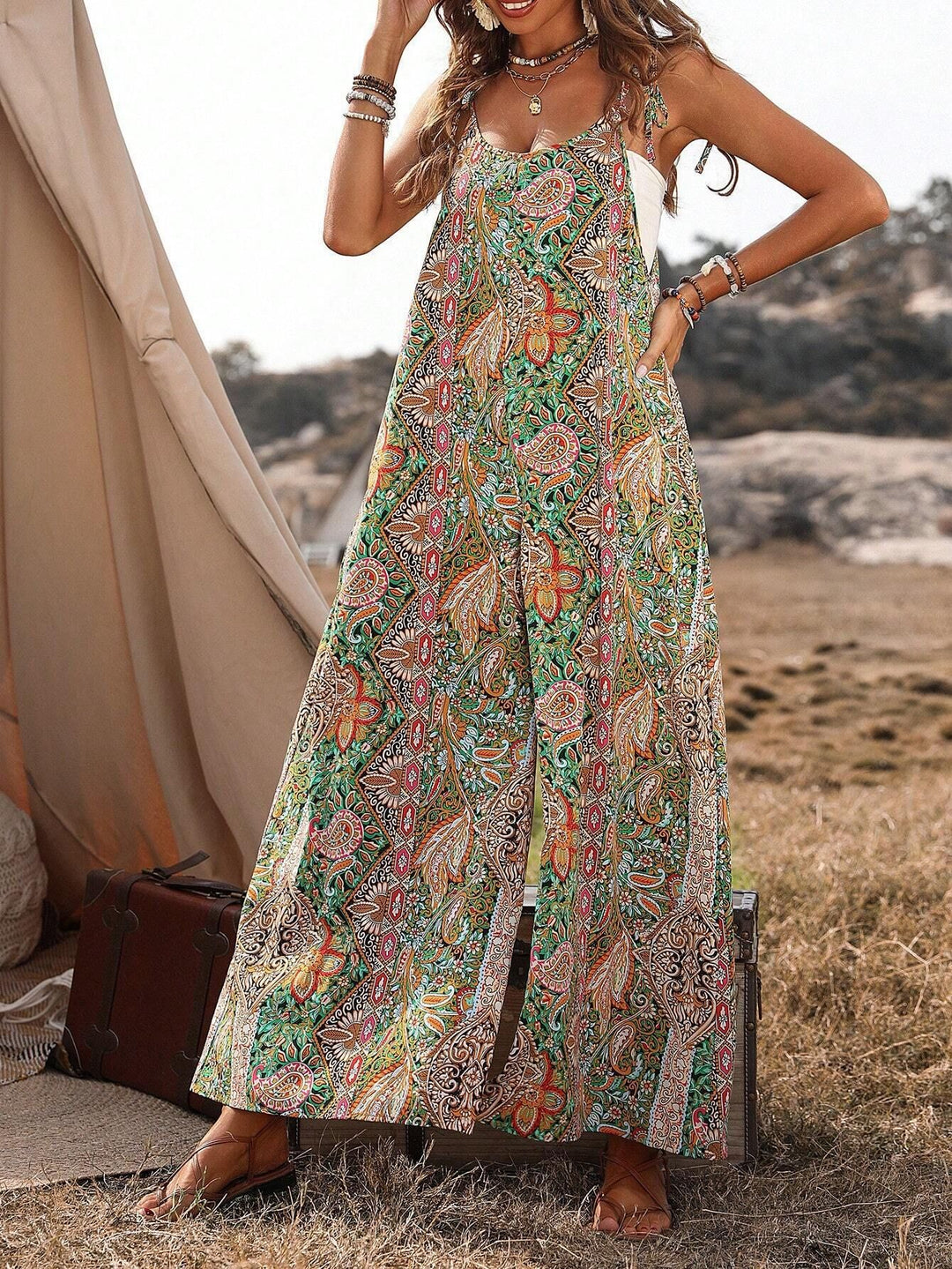 Damen Weiter Palazzo-Overall mit verstellbaren Trägern, Seitentaschen und Boho-Print Drune