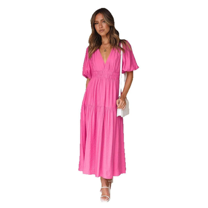 Damen Maxikleid mit tiefem V-Ausschnitt und voluminösen Puffärmeln Drune