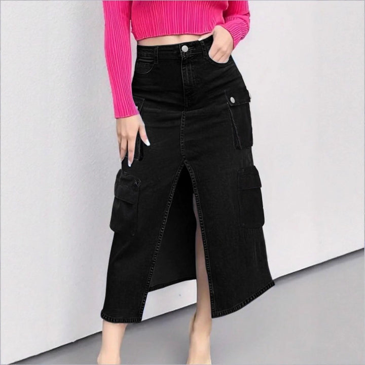 Damen Cargo-Jeans-Midirock mit Frontschlitz und aufgesetzten Cargotaschen Drune