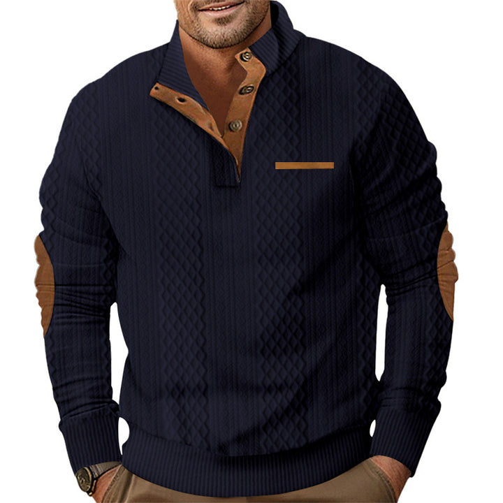 Herren nan strukturiertes Halbknopf-Pullover mit gesteppter Oberfläche, Ellbogen-Patches und Stehkragen Drune