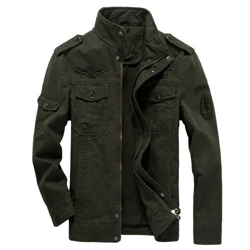 Herren Canvas-Militärblouson mit Stehkragen, Abzeichen und Multifunktionstaschen Drune