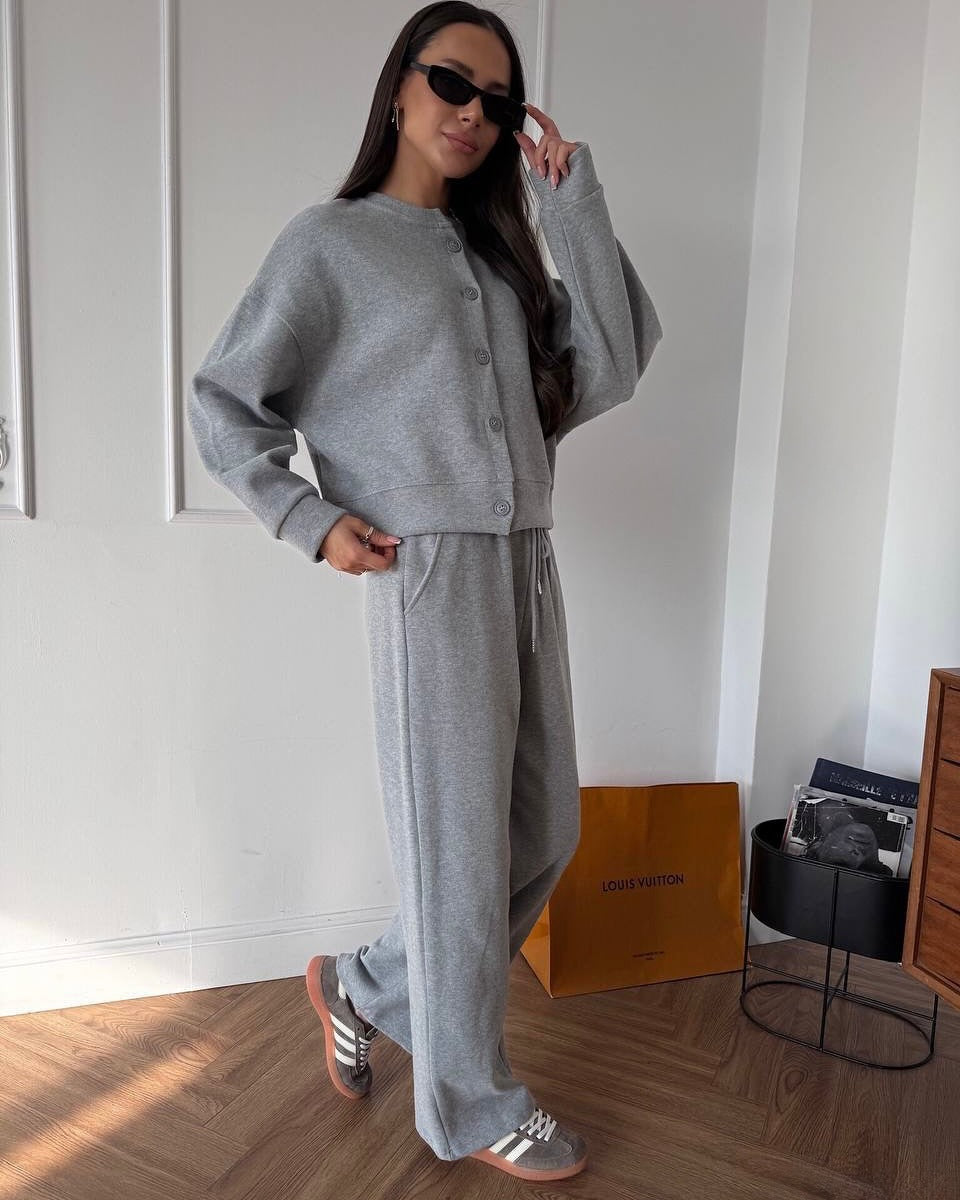Damen geknöpftes Cropped-Lounge-Set mit Oversize-Cardigan und hochtaillierter Wide-Leg Jogginghose Drune