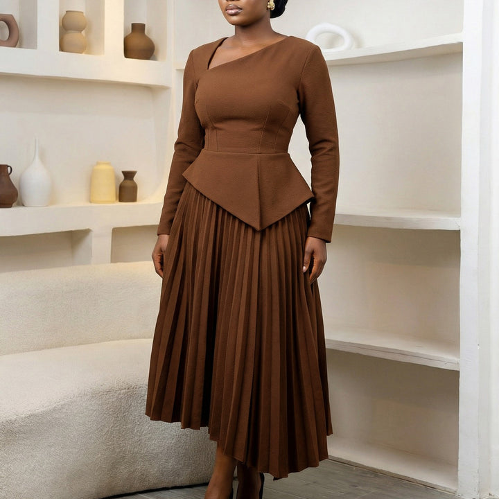 Damen Midi-Kleid mit eleganter asymmetrischer Silhouette und gefaltetem Rock Drune