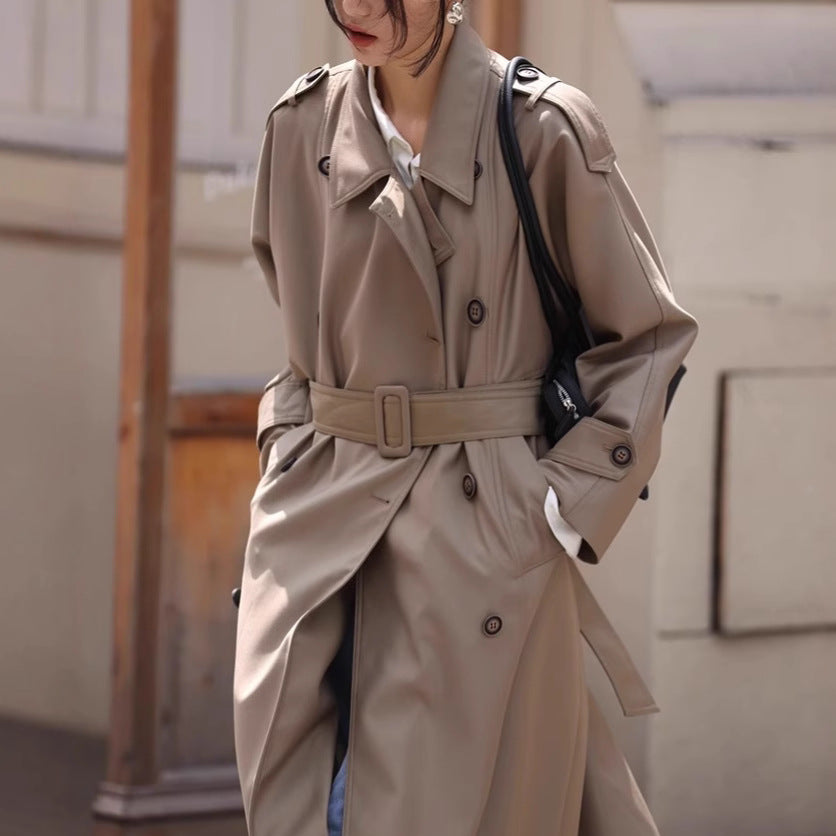 Damen Langer Oversize-Trenchcoat in veganer Lederoptik mit Bindegürtel und breitem Revers Drune