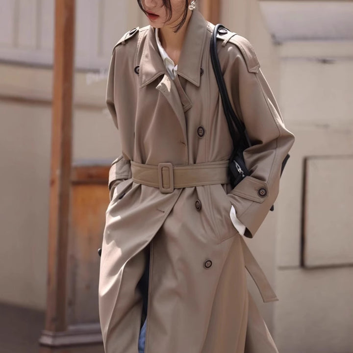 Damen Langer Oversize-Trenchcoat in veganer Lederoptik mit Bindegürtel und breitem Revers Drune