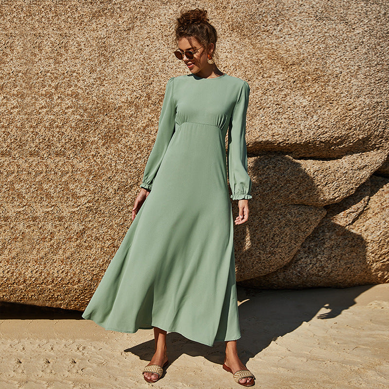 Damen Maxikleid mit eleganten Puffärmeln und hochgeschlossenem Ausschnitt Drune