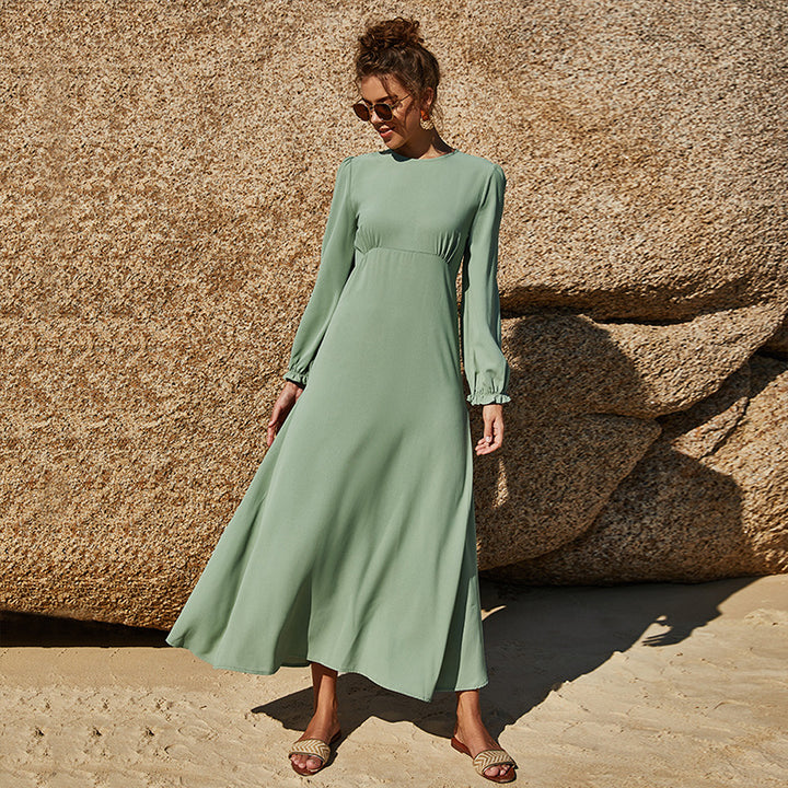 Damen Maxikleid mit eleganten Puffärmeln und hochgeschlossenem Ausschnitt Drune
