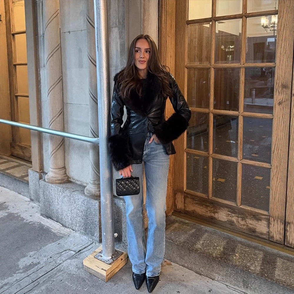 Damen Taillierter Lederimitat-Midimantel mit Wiener Nähten, voluminösem Faux‑Fur‑Schalkragen & Fellmanschetten Drune