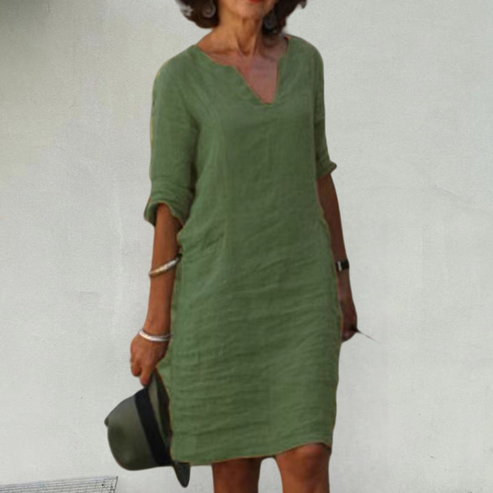 Damen Leichtes Sommerkleid mit eleganter V-Ausschnitt-Front und praktischen Seitentaschen Drune