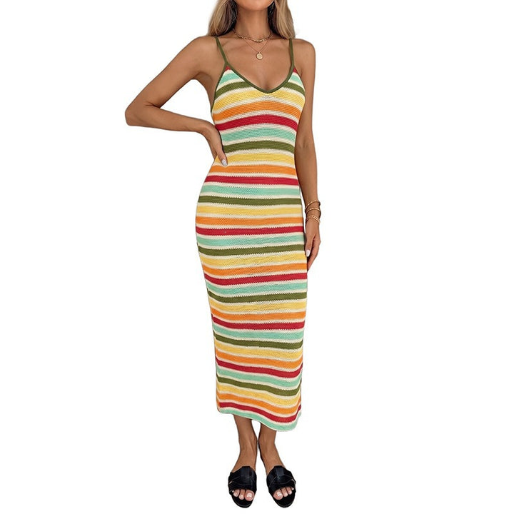 Damen Strick-Kleid im lässigen Streifenmuster mit schmalen Spaghetti-Trägern Drune