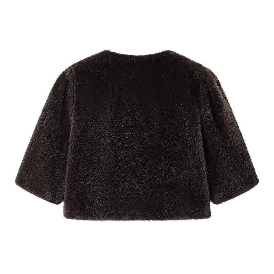 Damen Kurzgeschnittener Kunstfell-Bolero mit 3/4-Ärmeln Drune