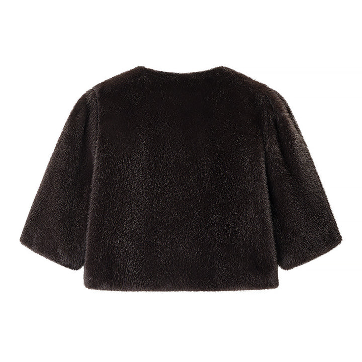 Damen Kurzgeschnittener Kunstfell-Bolero mit 3/4-Ärmeln Drune