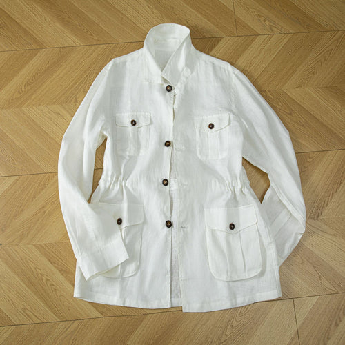 Damen Utility-Jacke aus Leinenmix mit Tunnelzug, Pattentaschen und Hemdkragen Drune