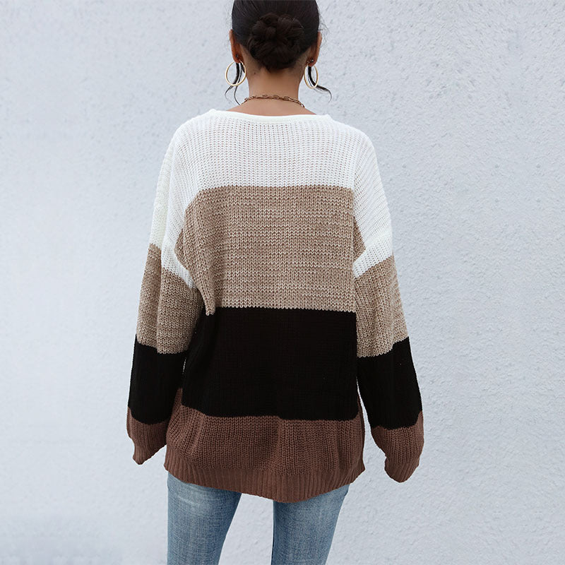 Damen Lässiger Farbblock-Strickpullover mit offener Maschenstruktur und Rundhalsausschnitt Drune