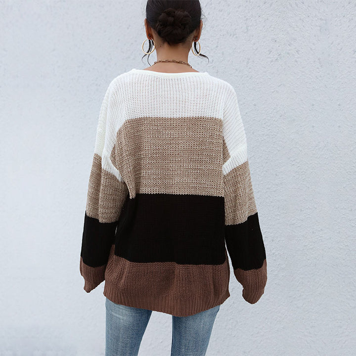 Damen Lässiger Farbblock-Strickpullover mit offener Maschenstruktur und Rundhalsausschnitt Drune