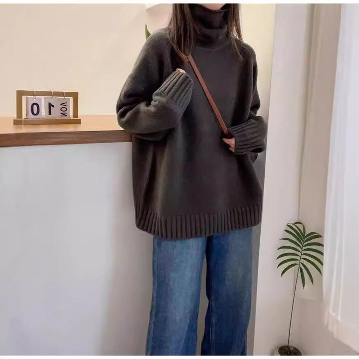 Damen Grobstrickpullover mit Stehkragen und seitlichen Schlitzen Drune