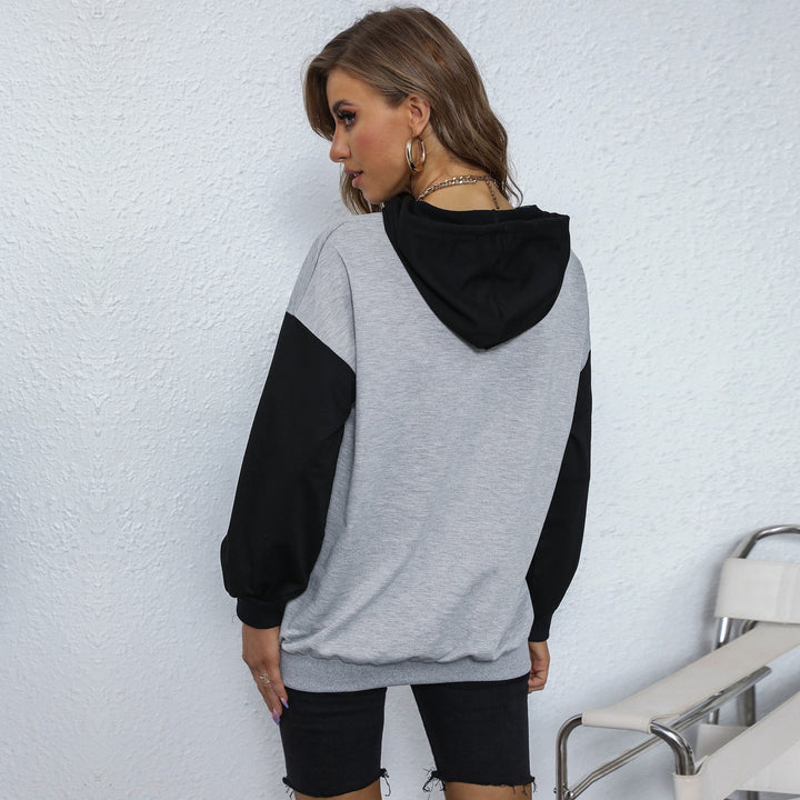 Damen Oversize-Kapuzenpullover mit College-Print, Kängurutasche und Kontrastärmeln Drune