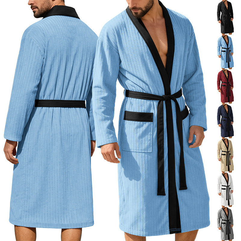 Herren nan wadenlanger Rippen-Bademantel im Kimono-Stil mit Schalkragen und Kontrastpaspel Drune