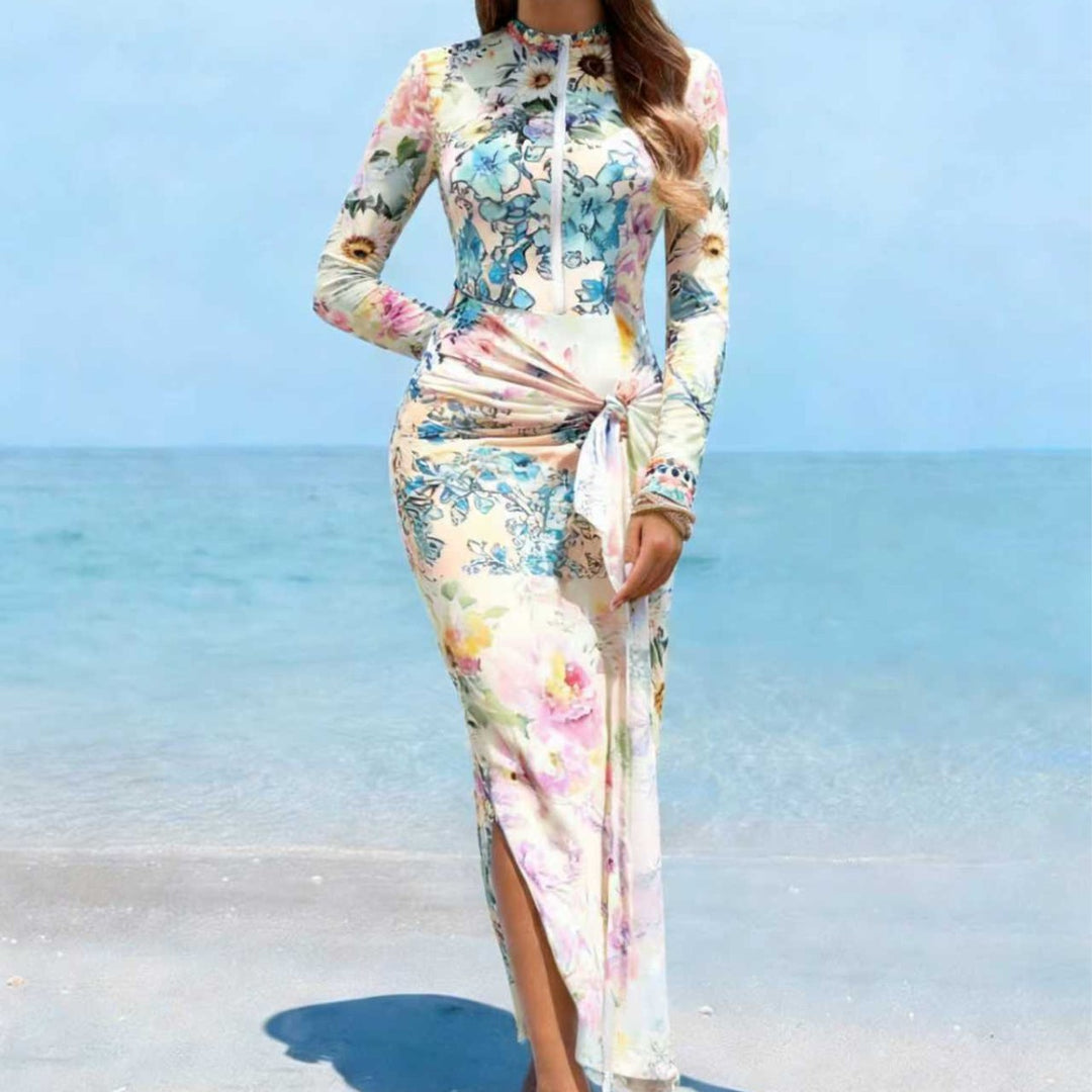 Damen Elegantes Langarm-Strandkleid mit floralem Design Drune