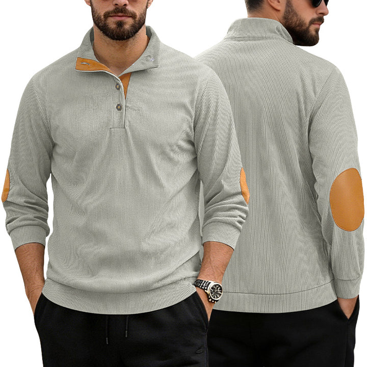 Herren nan lässiger Strukturpullover mit Polokragen, kurzer Knopfleiste und veganen Lederbesätzen Drune