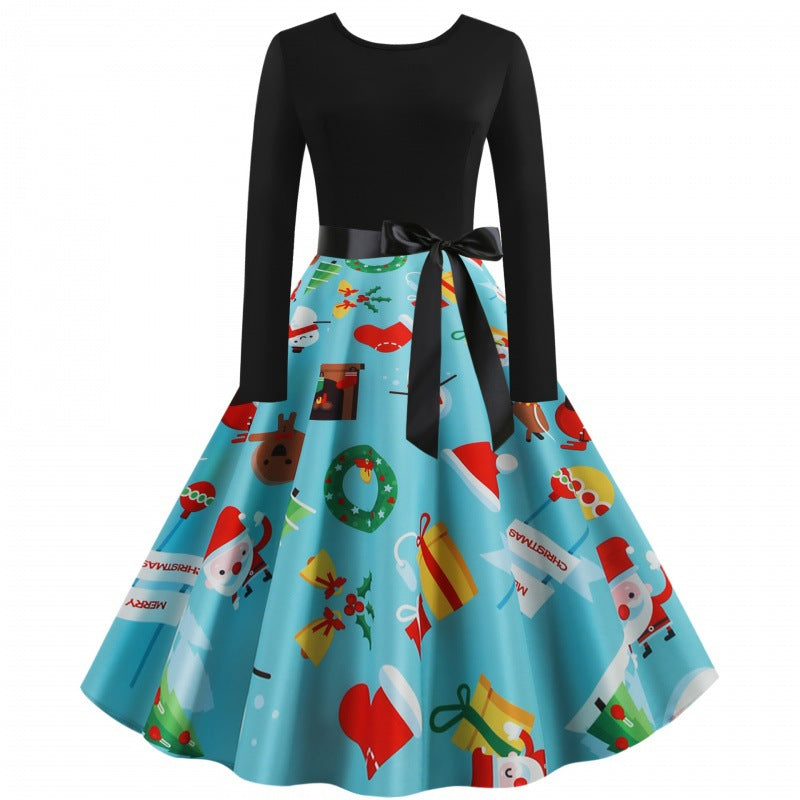 Damen Retro-Festkleid mit kontrastiertem Oberteil, ausgestelltem Tellerrock und Satintaillengürpe Drune