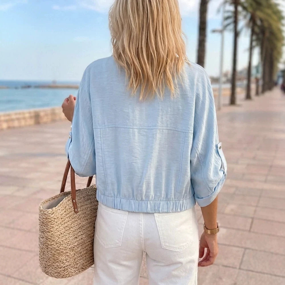 Damen Leichte Chambray-Boxy-Jacke mit Gummibund, Druckknöpfen und aufgesetzten Brusttaschen Drune
