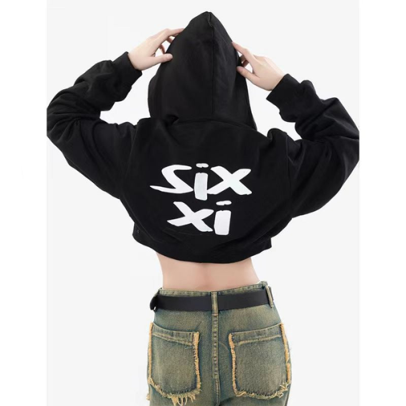 Damen nan cropped Kapuzenpullover im Streetwear-Style mit auffälligem Rückenprint und geripptem Saum Drune
