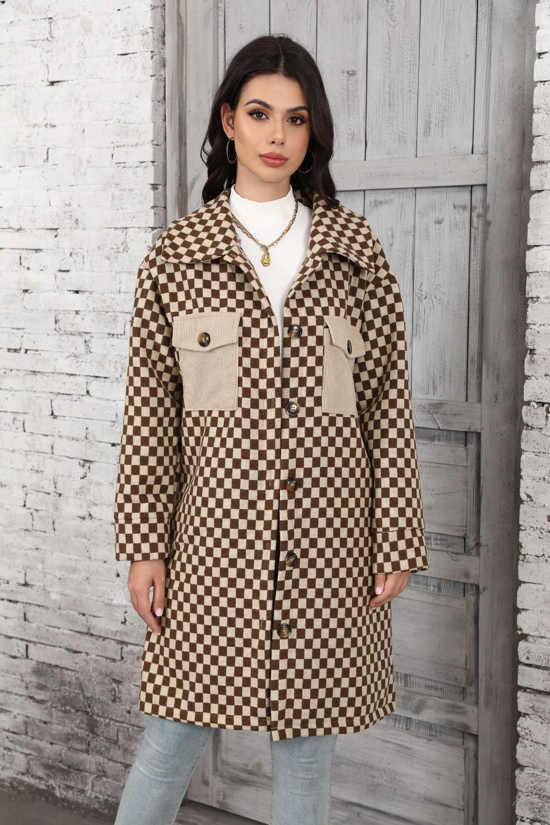 Damen Karierte Overshirtjacke mit Taschen und Knopfdetails Drune