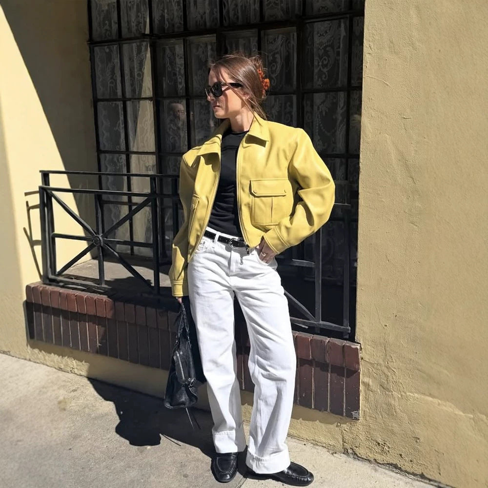 Damen kurze boxy Lederimitat-Jacke mit aufgesetzten Pattentaschen und Reißverschluss Drune
