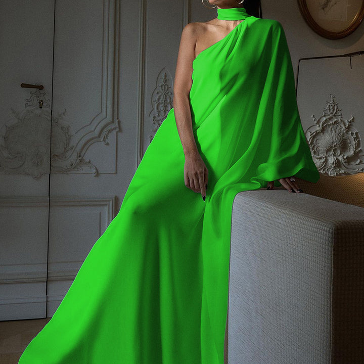 Damen elegantes One-Shoulder Abendkleid mit fließendem Stoff und schickem Kragen Drune