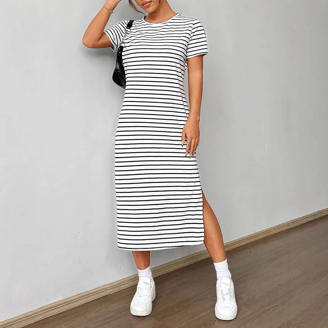 Damen Midi-Kleid mit lässigem Streifenmuster und seitlichem Schlitz Drune