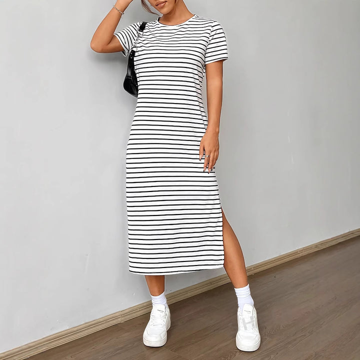 Damen Midi-Kleid mit lässigem Streifenmuster und seitlichem Schlitz Drune