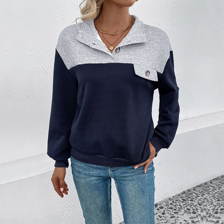 Damen Strukturierter Stehkragen-Sweatshirtpullover mit Knopfleiste Drune