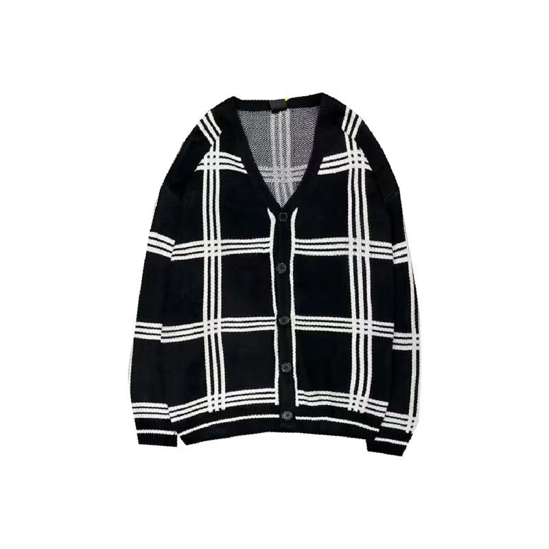 Herren Modischer Grobstrick Cardigan mit Karomuster Drune