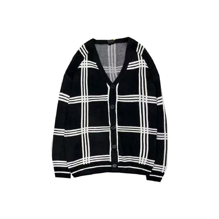 Herren Modischer Grobstrick Cardigan mit Karomuster Drune