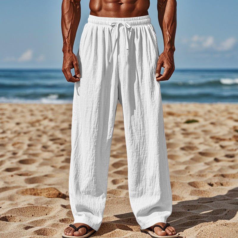 Herren Leichte Leinenhose mit weitem Schnitt, Elastikbund und Kordelzug Drune