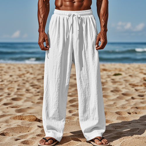Herren Leichte Leinenhose mit weitem Schnitt, Elastikbund und Kordelzug Drune