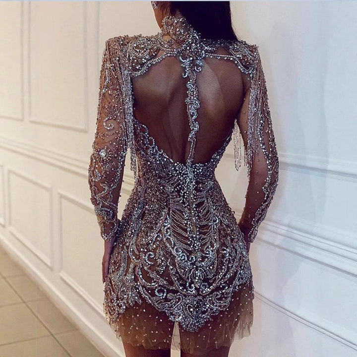 Damen Glamouröses Minikleid mit funkelnden Pailletten und aufregenden Fransen Drune