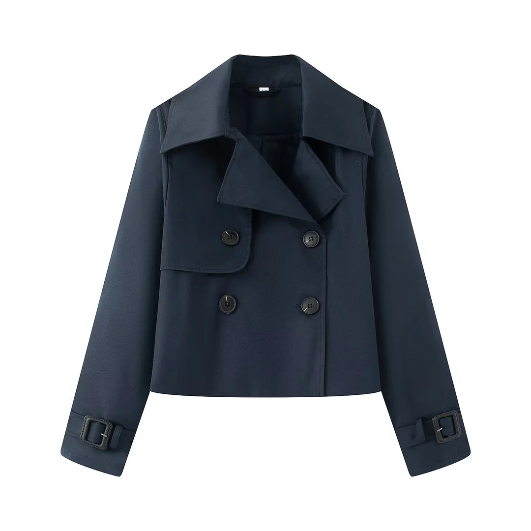 Damen nan kurz geschnittener Cropped Trenchcoat mit doppelreihiger Knopfleiste und verstellbaren Ärmelriemen Drune