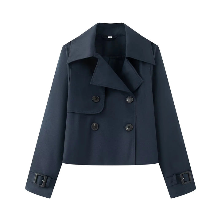 Damen nan kurz geschnittener Cropped Trenchcoat mit doppelreihiger Knopfleiste und verstellbaren Ärmelriemen Drune