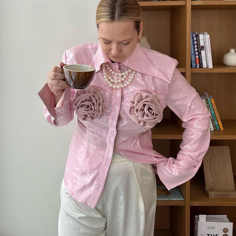 Damen Glamouröse Bluse mit 3D-Rosenapplikationen und Glitzer Drune