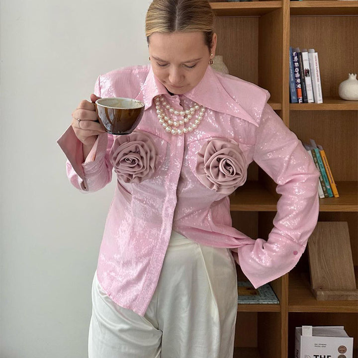 Damen Glamouröse Bluse mit 3D-Rosenapplikationen und Glitzer Drune