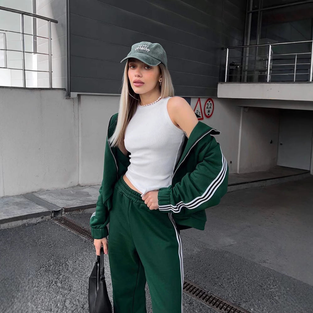 Damen sportlicher Velours-Sportanzug mit hohem Kragen und elegantem Reißverschluss Drune