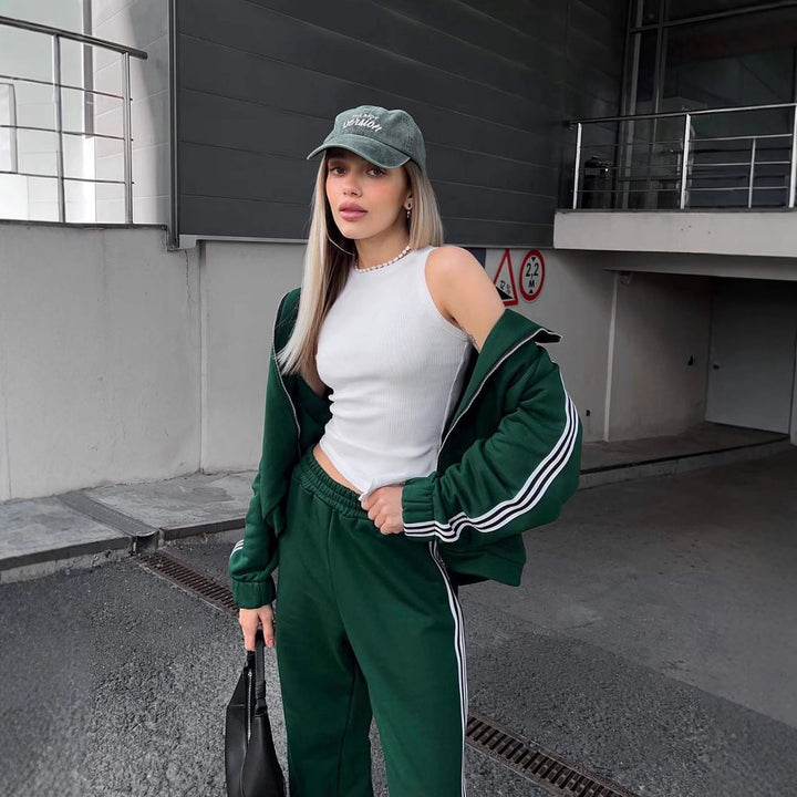 Damen sportlicher Velours-Sportanzug mit hohem Kragen und elegantem Reißverschluss Drune