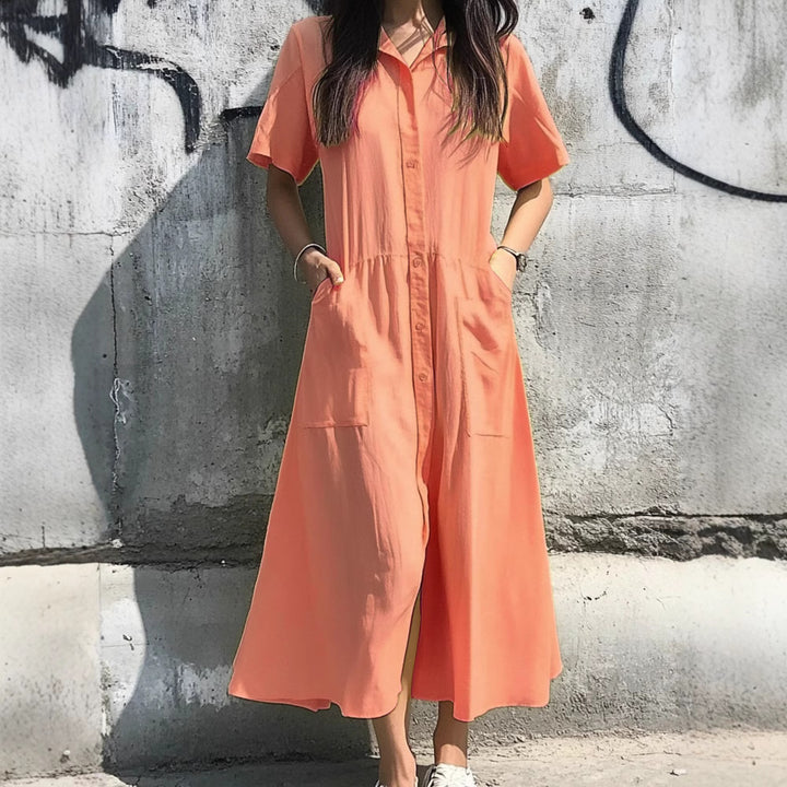 Damen Midi-Kleid mit Knopfleiste und praktischen Taschen Drune