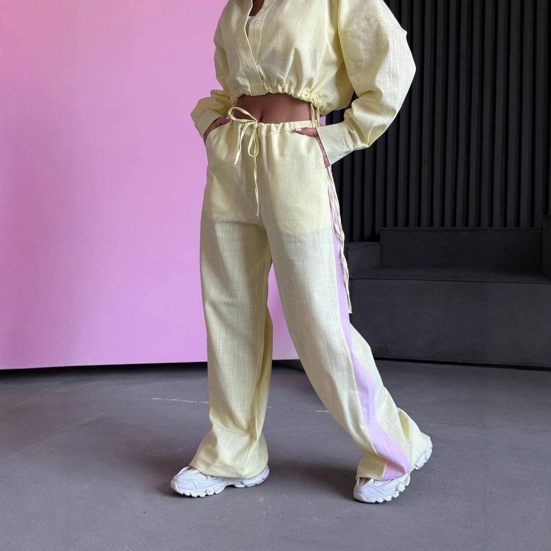 Damen kurzes Hemd mit Kordelzug und weite hochgeschnittene Leinenhose Set Drune