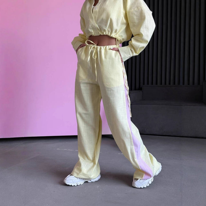 Damen kurzes Hemd mit Kordelzug und weite hochgeschnittene Leinenhose Set Drune